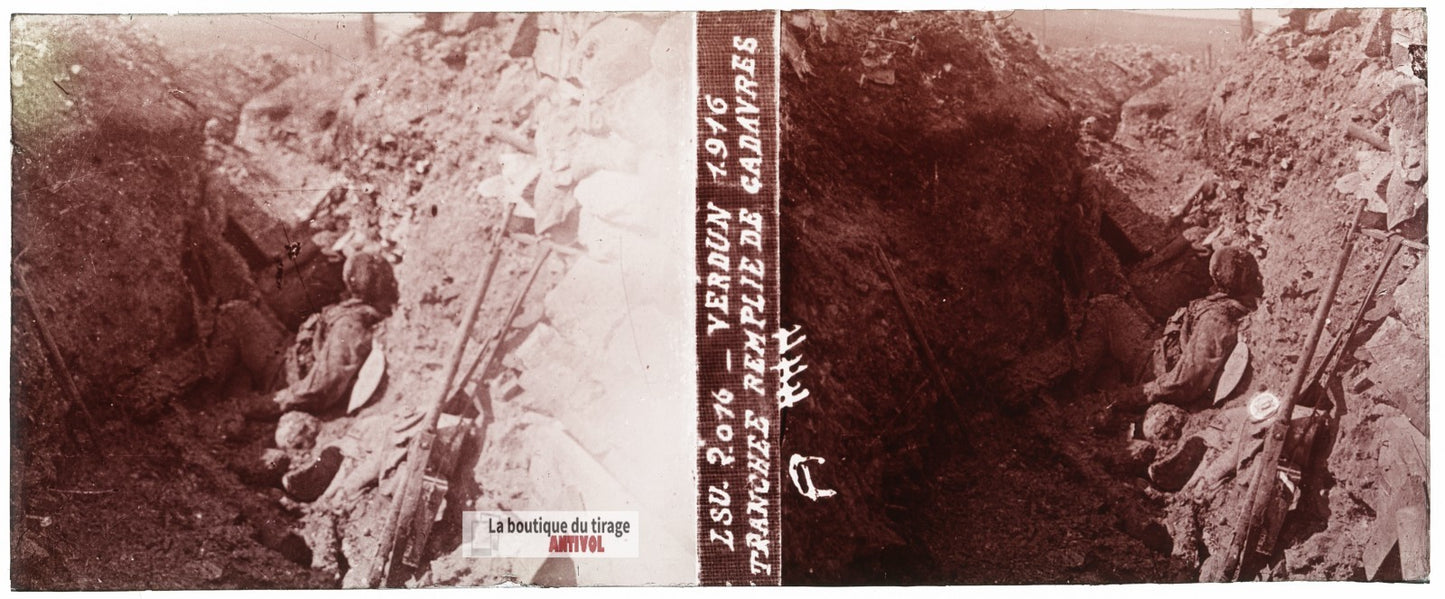 Verdun, cadavres, tranchée guerre WW1, plaque verre stéréo, photo 4,5x10,7 cm