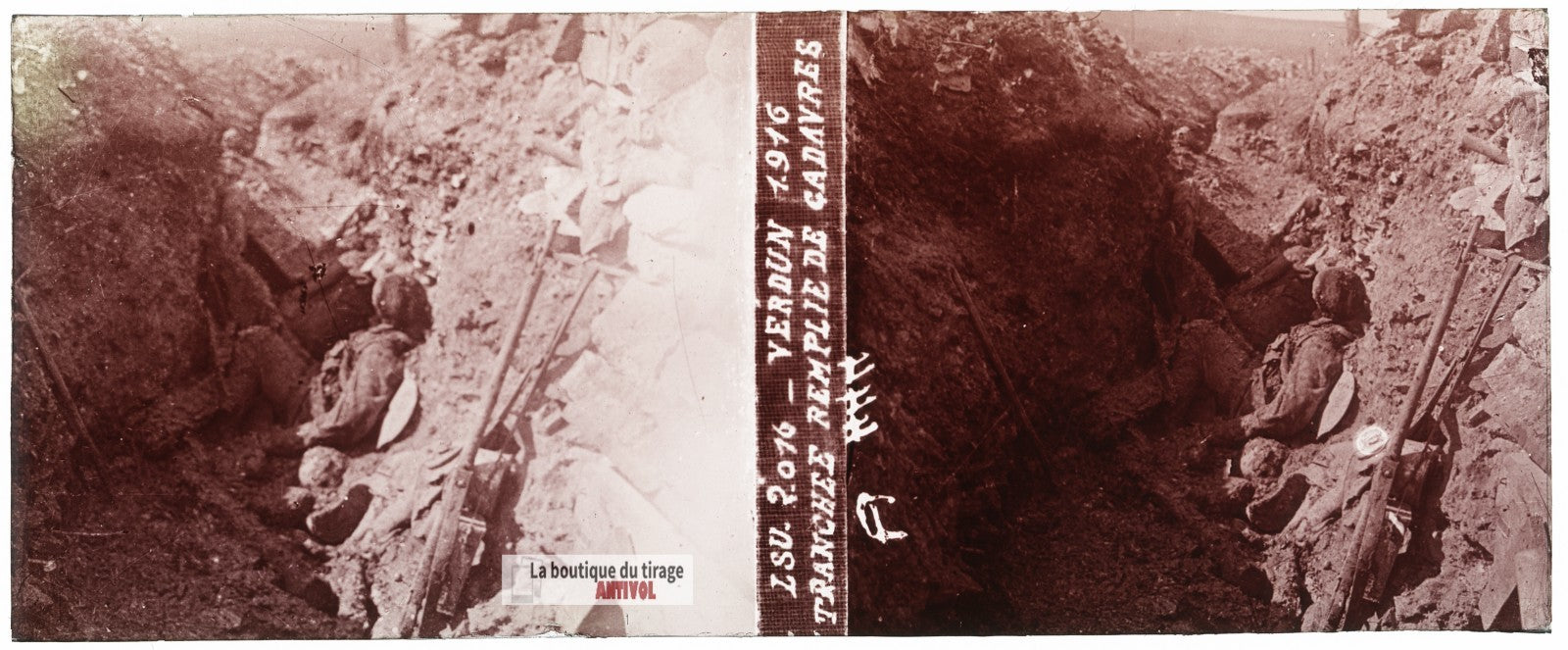 Verdun, cadavres, tranchée guerre WW1, plaque verre stéréo, photo 4,5x10,7 cm