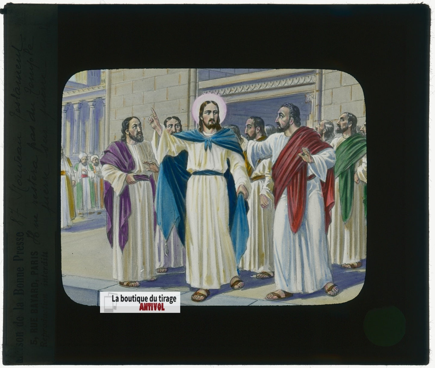 Nouveau testament, dessin, plaque verre ancienne, couleur 8,5x10 cm