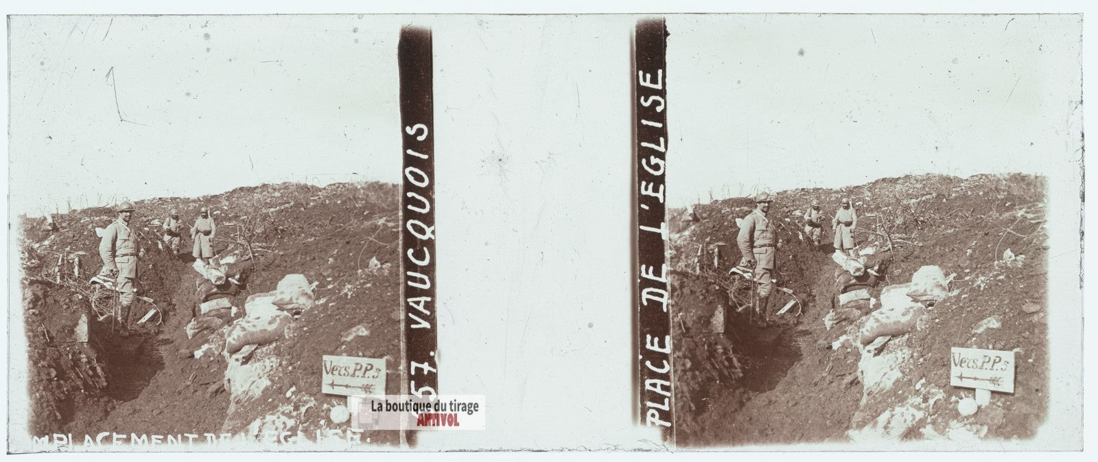 Vauquois, place de l’Église, guerre WW1, plaque verre stéréo, photo 4,5x10,7 cm