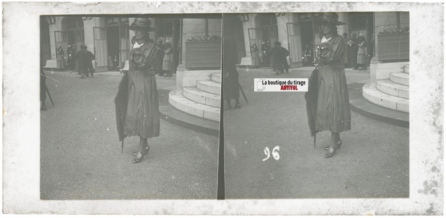 Scène de vie, Longchamp, Paris, plaque verre stéréoscopique, positif 8,5x17 cm