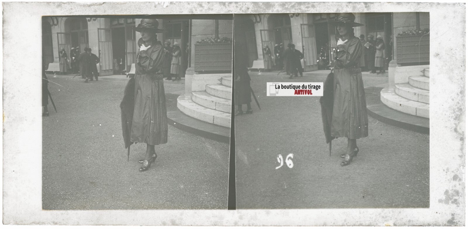 Scène de vie, Longchamp, Paris, plaque verre stéréoscopique, positif 8,5x17 cm