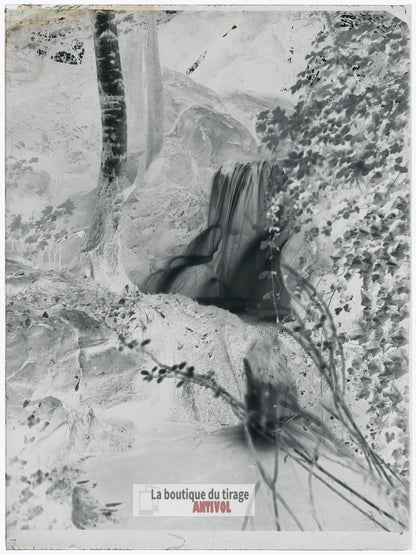 Cascade du bois de Boulogne Paris, plaque verre, photo ancienne, négatif 9x12 cm