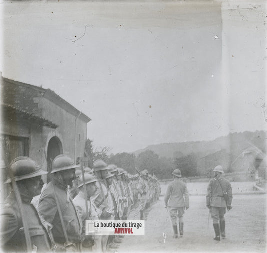Revue de troupes, guerre WW1, plaque verre photo ancienne stéréo 6x13 cm