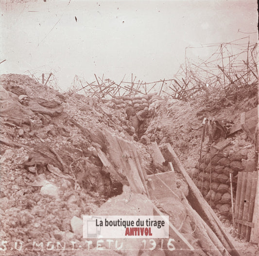 Mont Têtu, tranchée, guerre WW1, plaque verre stéréo, photo 4,5x10,7 cm
