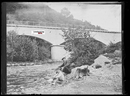 Pont, rivière, France, Plaque verre photo ancienne, négatif noir & blanc 6x9 cm