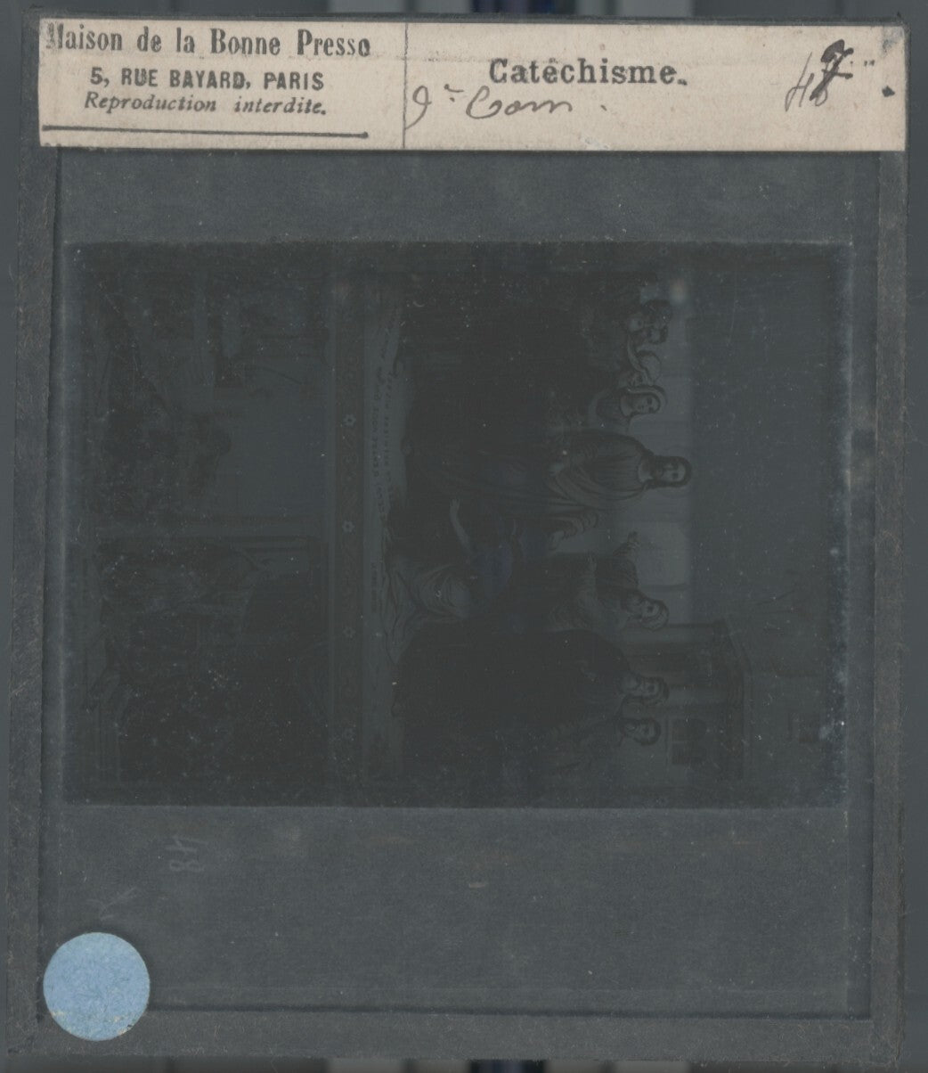 Scène religieuse, catéchisme, dessin peinture, plaque verre, positif 8,5x10 cm