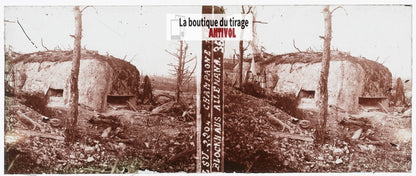 Blockhaus allemand, guerre WW1, plaque verre stéréo, photo ancienne 4,5x10,7 cm