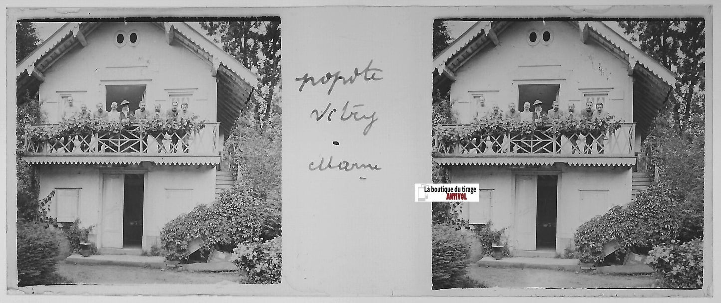 Vitry-le-François soldats, Plaque verre stéréo, positif noir & blanc 4,5x10,7 cm