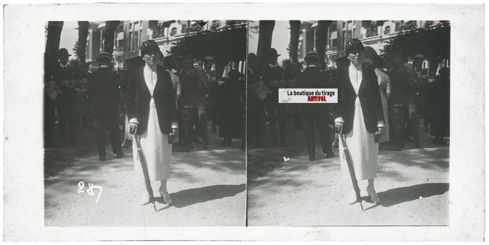 Personnages, Longchamp, Paris, plaque verre stéréoscopique, positif 8,5x17 cm