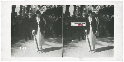 Personnages, Longchamp, Paris, plaque verre stéréoscopique, positif 8,5x17 cm