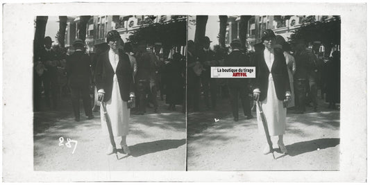 Personnages, Longchamp, Paris, plaque verre stéréoscopique, positif 8,5x17 cm