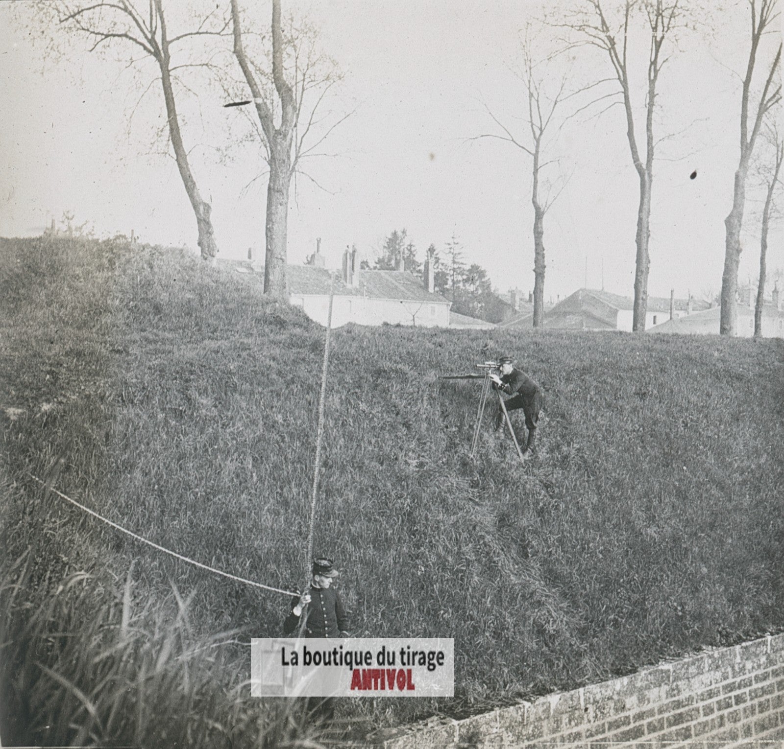 Exercices du génie militaire, plaque verre stéréo, photo ancienne 4,5x10,7 cm