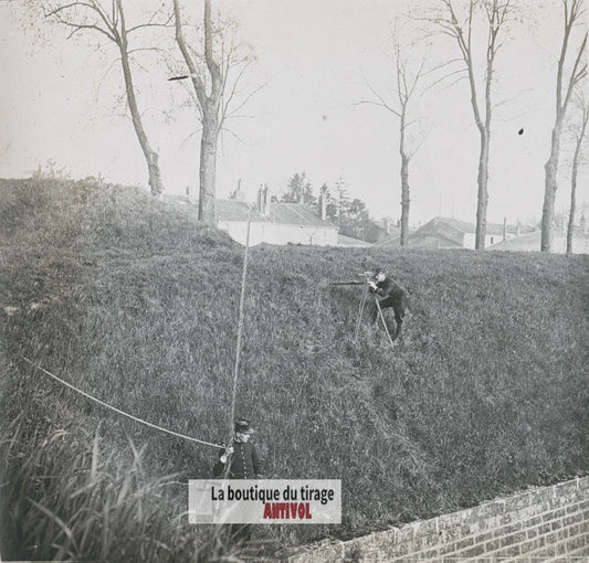 Exercices du génie militaire, plaque verre stéréo, photo ancienne 4,5x10,7 cm