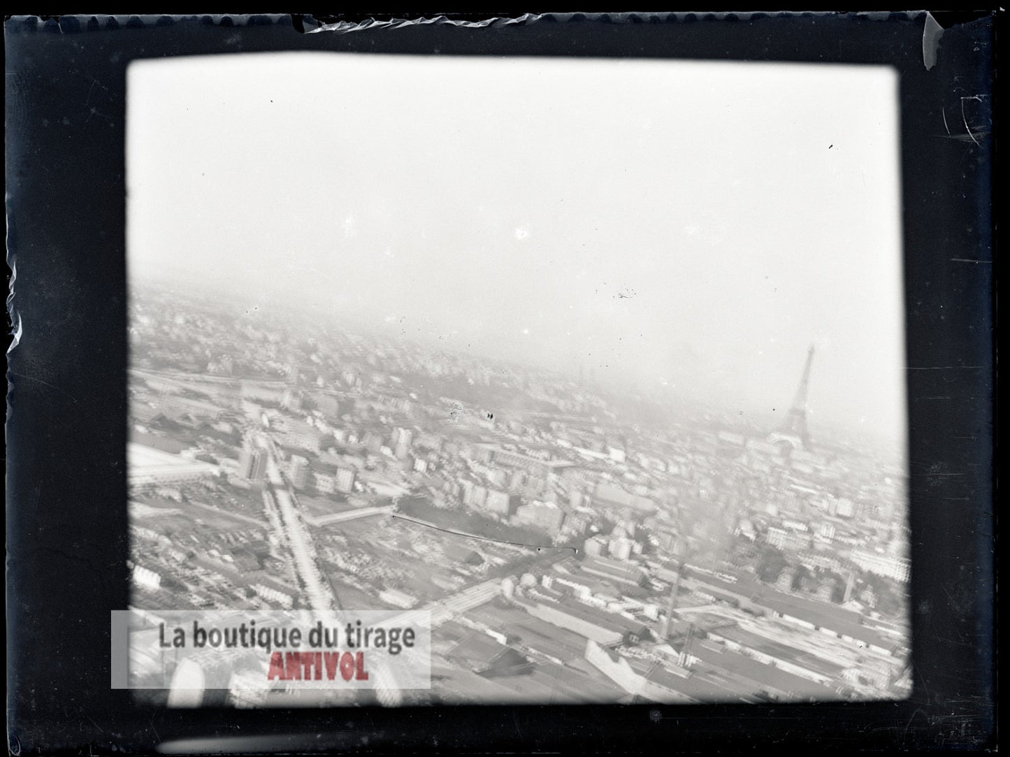 Vue aérienne Paris, Tour Eiffel, plaque verre, photo ancienne, négatif 9x12 cm
