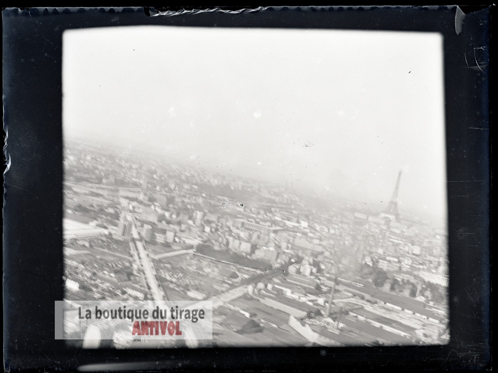 Vue aérienne Paris, Tour Eiffel, plaque verre, photo ancienne, négatif 9x12 cm