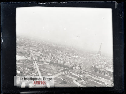 Vue aérienne Paris, Tour Eiffel, plaque verre, photo ancienne, négatif 9x12 cm