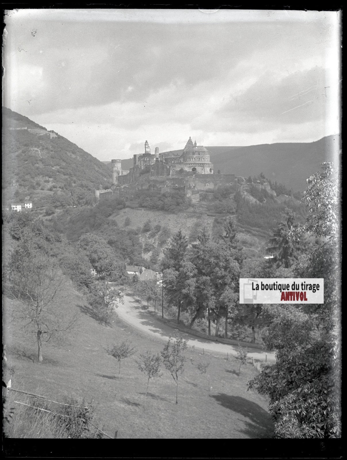 Château de Vianden, photo ancienne plaque verre, négatif noir & blanc, 9x12 cm