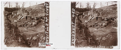 Abris de 2ᵉ ligne, Lorraine, guerre WW1, plaque verre stéréo, photo 4,5x10,7 cm