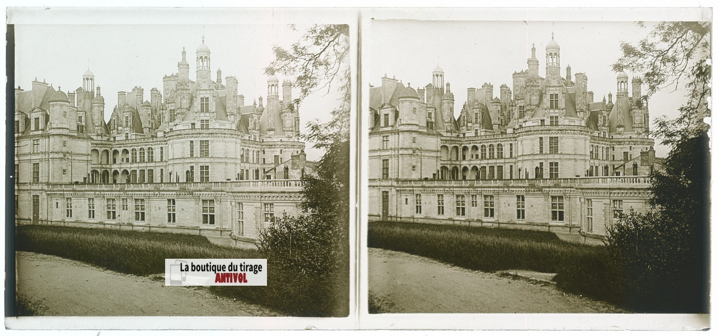 Château de Chambord, plaque verre, photo stéréoscopie, noir & blanc 6x13 cm