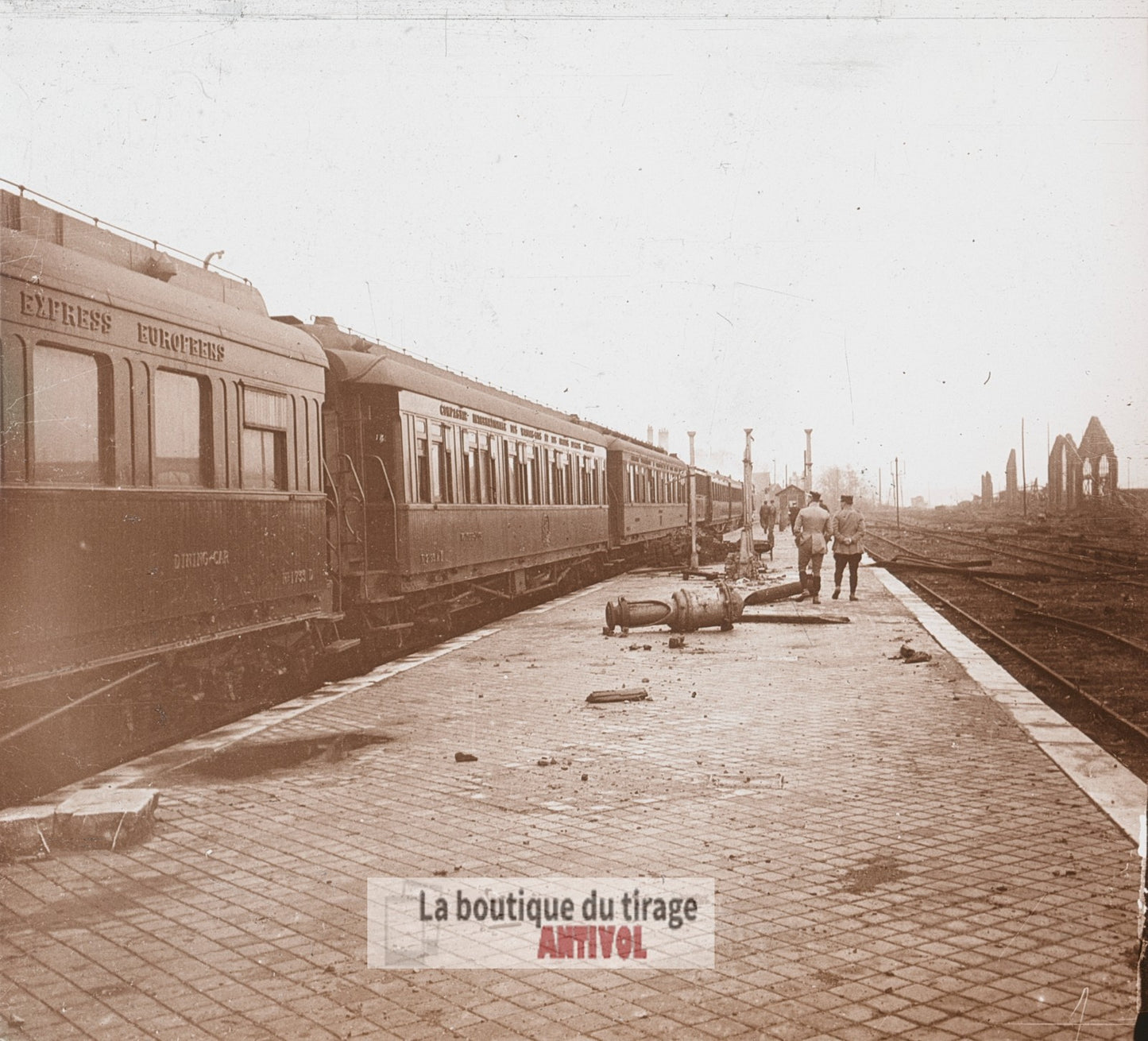 Armistice, train plénipotentiaires, plaque verre photo ancienne stéréo 6x13 cm