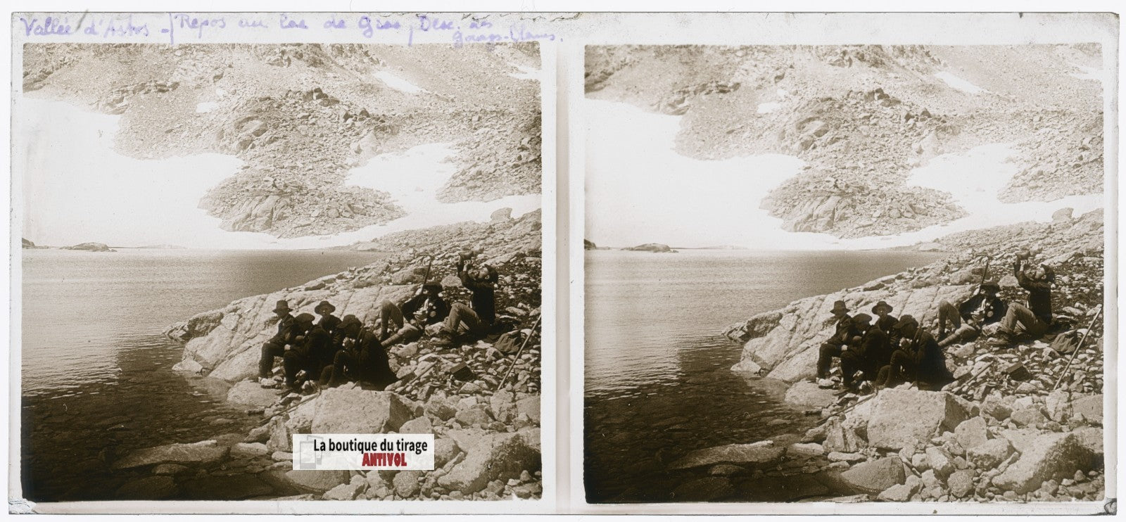 Lac de Gourgs-Blancs, Pyrénées, plaque verre, photo stéréoscopie, N&B 6x13 cm
