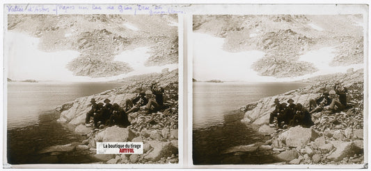 Lac de Gourgs-Blancs, Pyrénées, plaque verre, photo stéréoscopie, N&B 6x13 cm