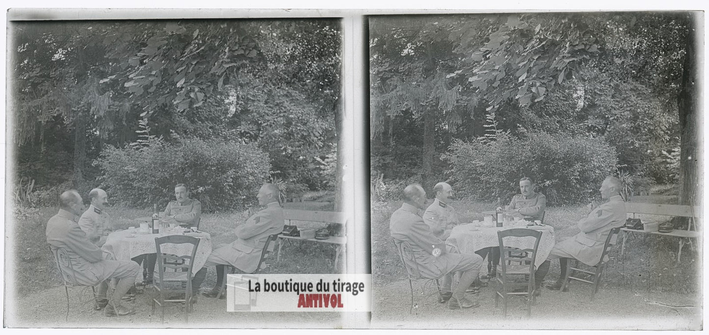 Officiers, Pause café, WW1, plaque verre photo ancienne stéréo 6x13 cm