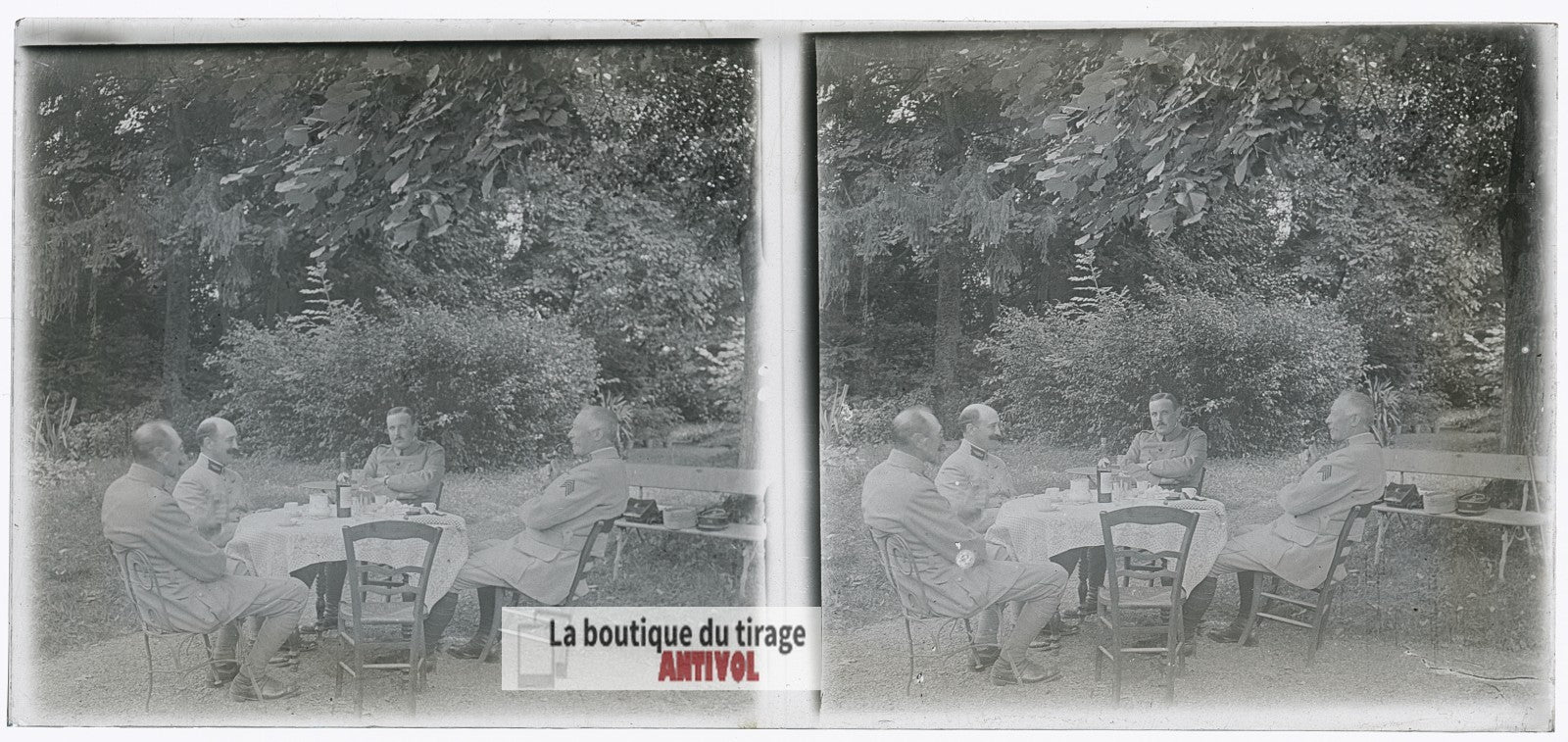 Officiers, Pause café, WW1, plaque verre photo ancienne stéréo 6x13 cm