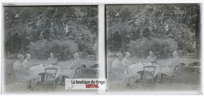 Officiers, Pause café, WW1, plaque verre photo ancienne stéréo 6x13 cm