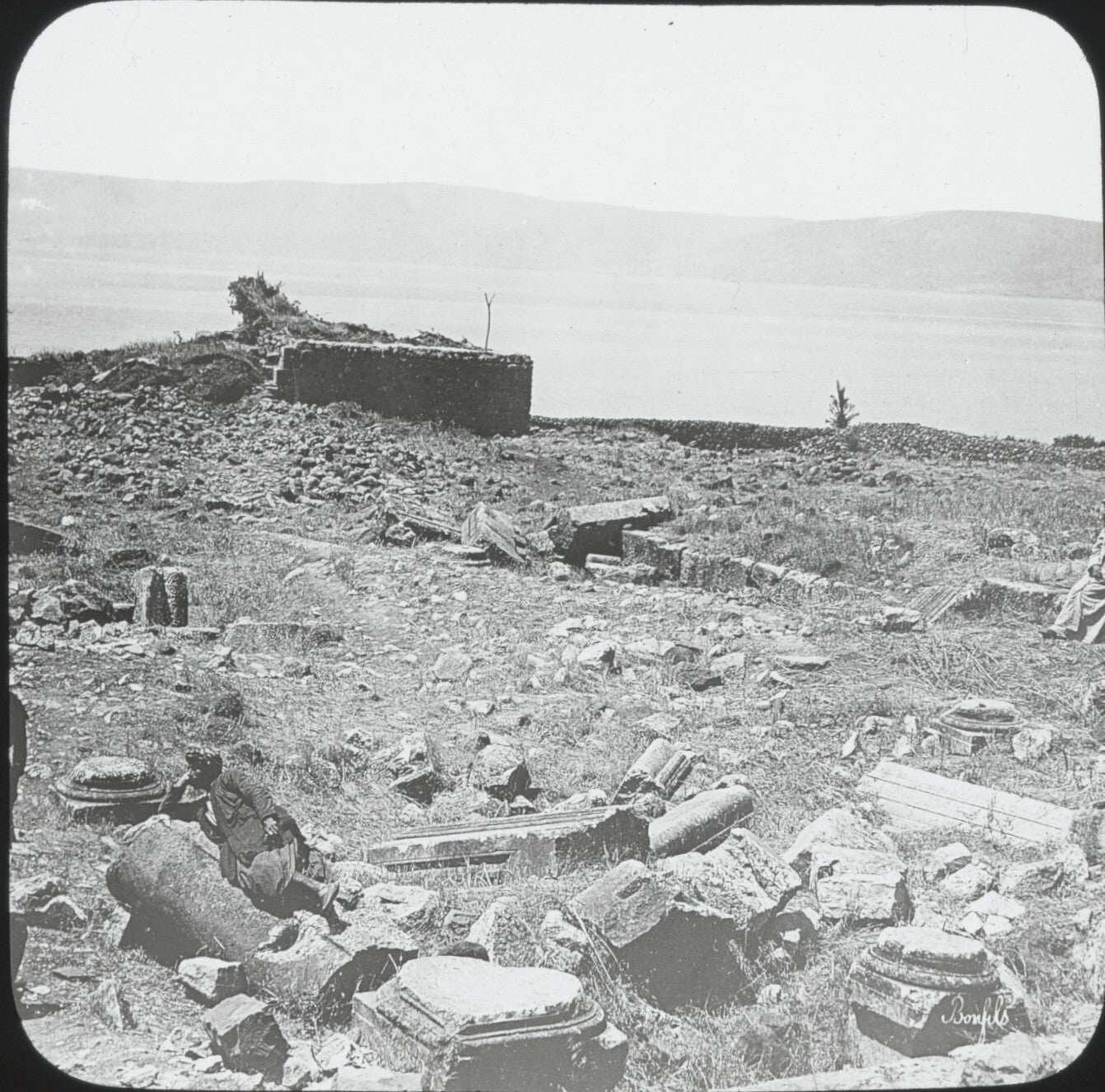 Ruines de Capharnaüm, Israël, photo ancienne plaque de verre, positif 8,5x10 cm