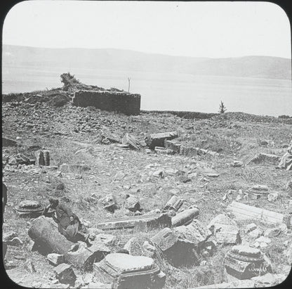 Ruines de Capharnaüm, Israël, photo ancienne plaque de verre, positif 8,5x10 cm