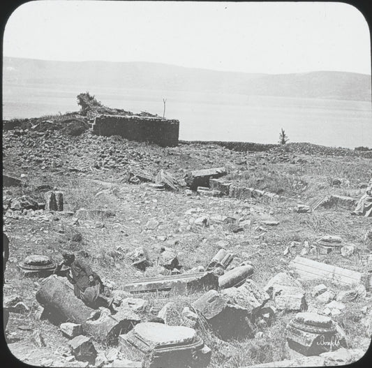 Ruines de Capharnaüm, Israël, photo ancienne plaque de verre, positif 8,5x10 cm