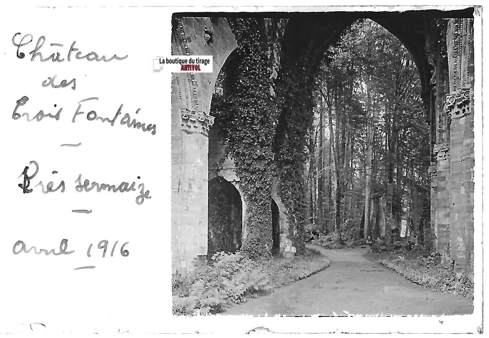 Château Sermaize, Plaque verre photo stéréo, positif noir & blanc 4,5x10,7 cm