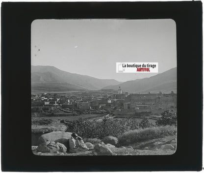 Village, Montagne, Maroc, photo ancienne plaque verre, positif 8,5x10 cm