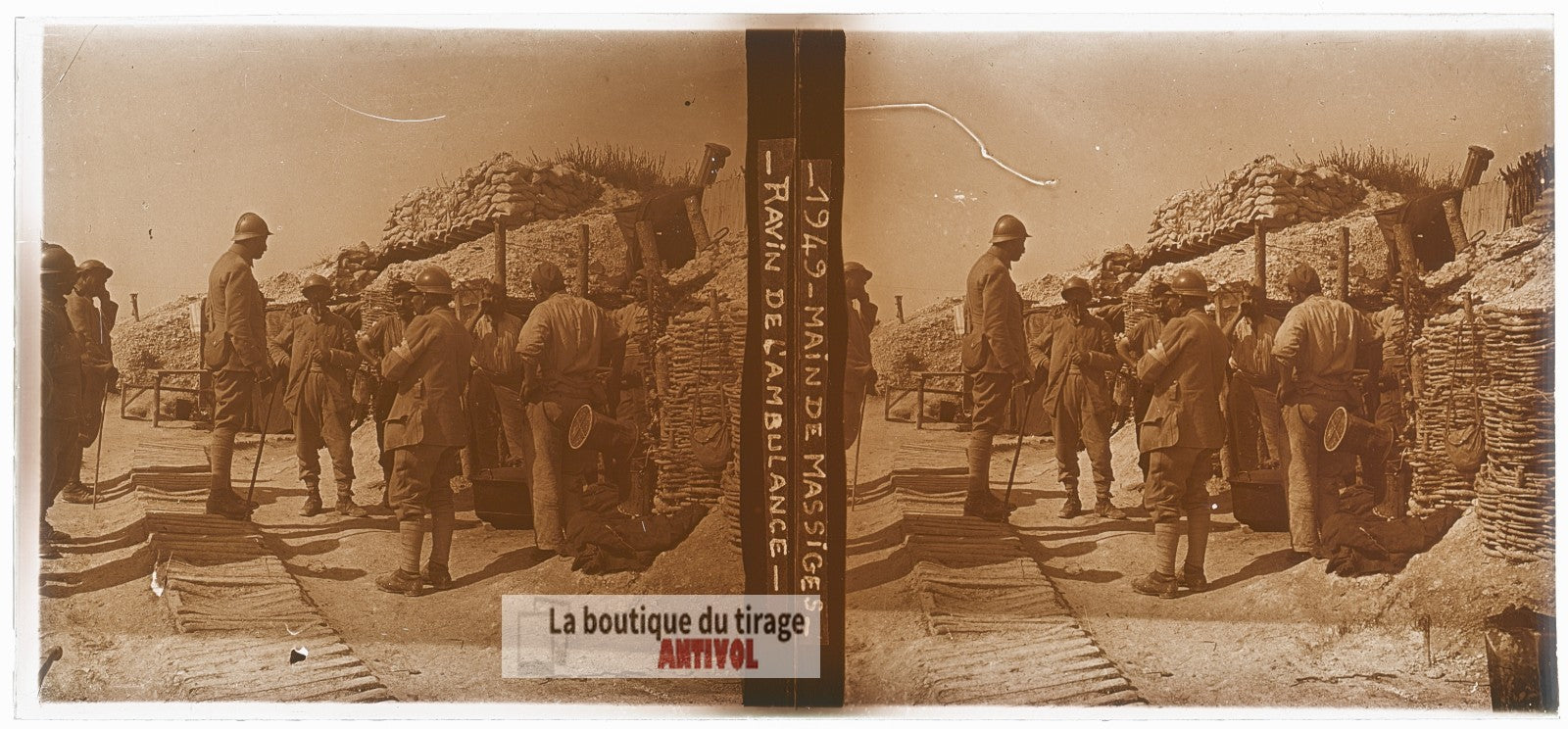 Ravin de l’Ambulance, Massiges WW1, plaque verre photo ancienne stéréo 6x13 cm
