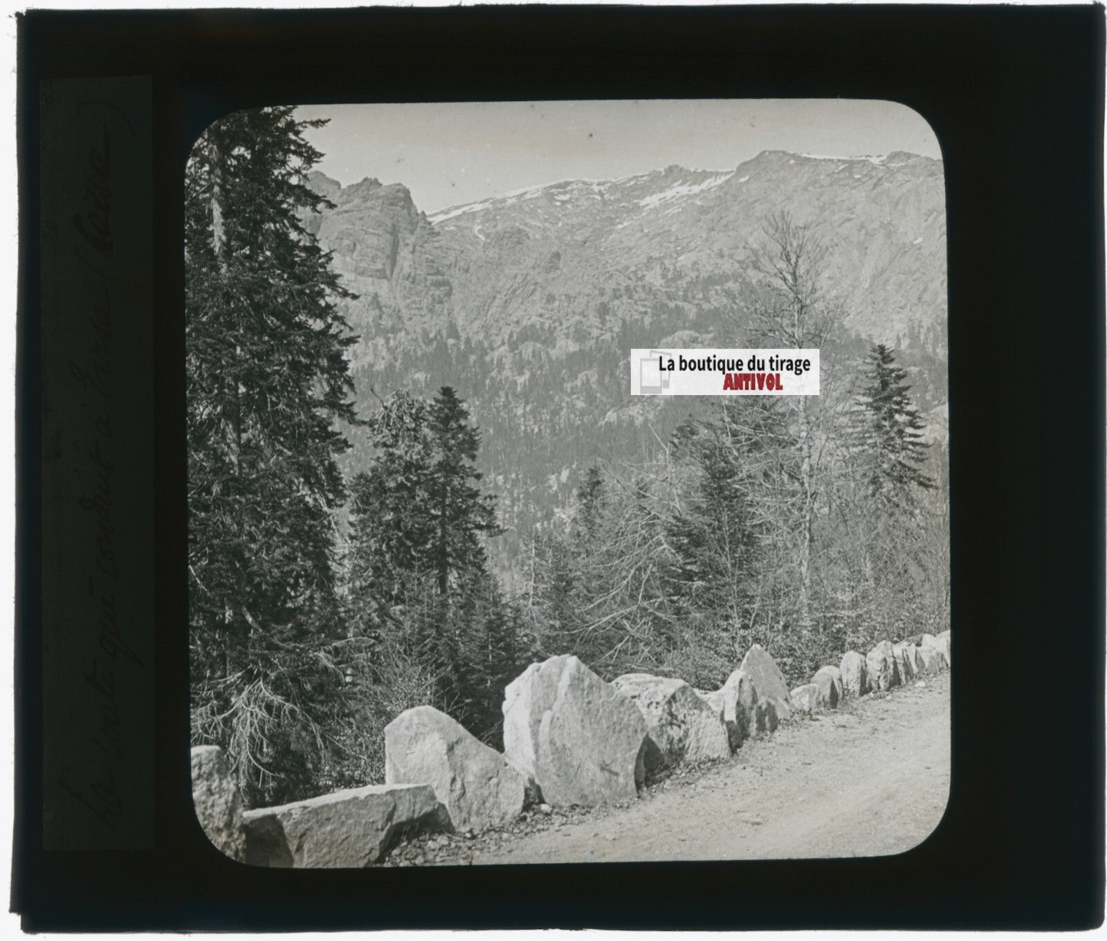 Route de montagne, photo ancienne plaque verre, noir & blanc, positif 8,5x10 cm
