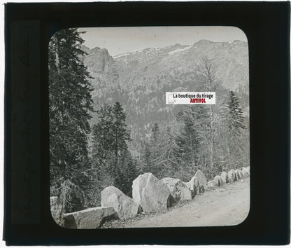 Route de montagne, photo ancienne plaque verre, noir & blanc, positif 8,5x10 cm