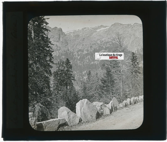 Route de montagne, photo ancienne plaque verre, noir & blanc, positif 8,5x10 cm