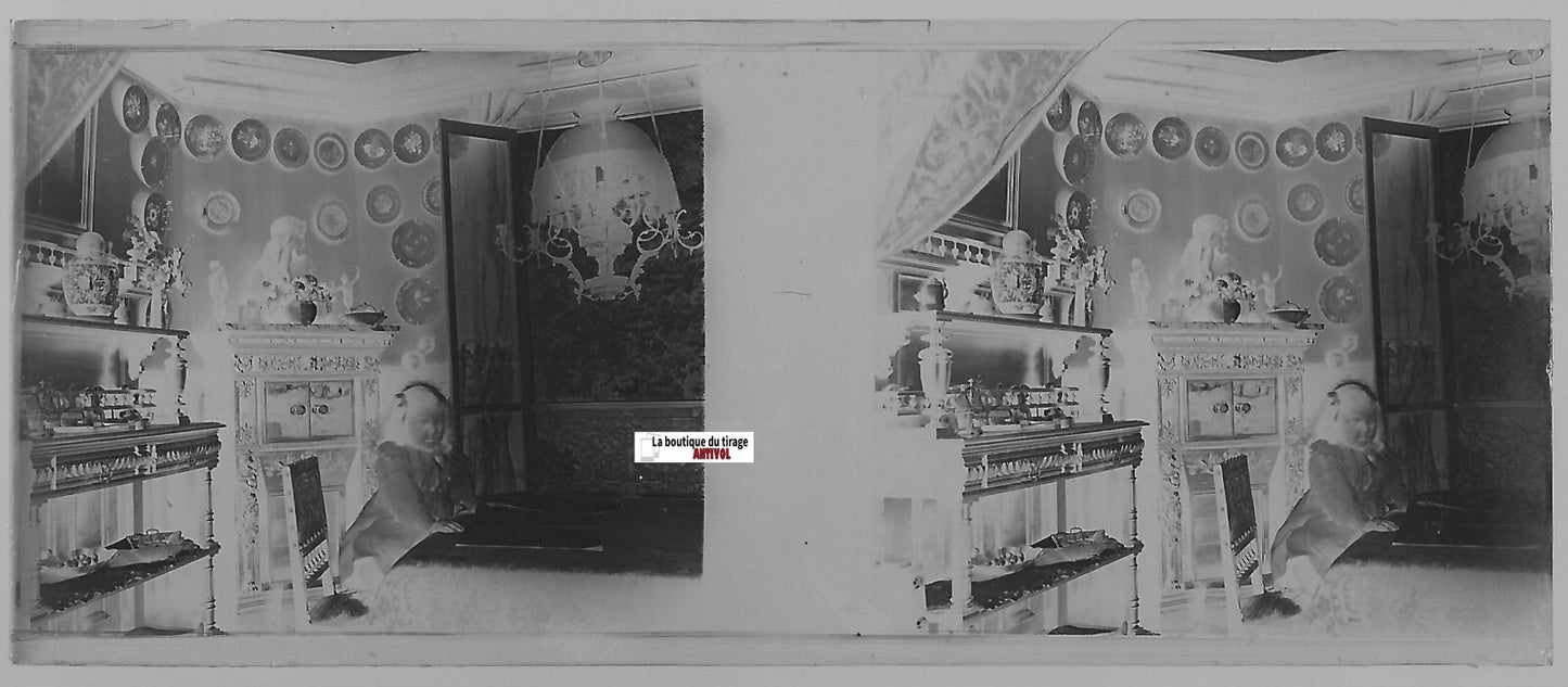 Salon, fillette, Plaque verre photo stéréo, négatif noir & blanc 4,5x10,7 cm