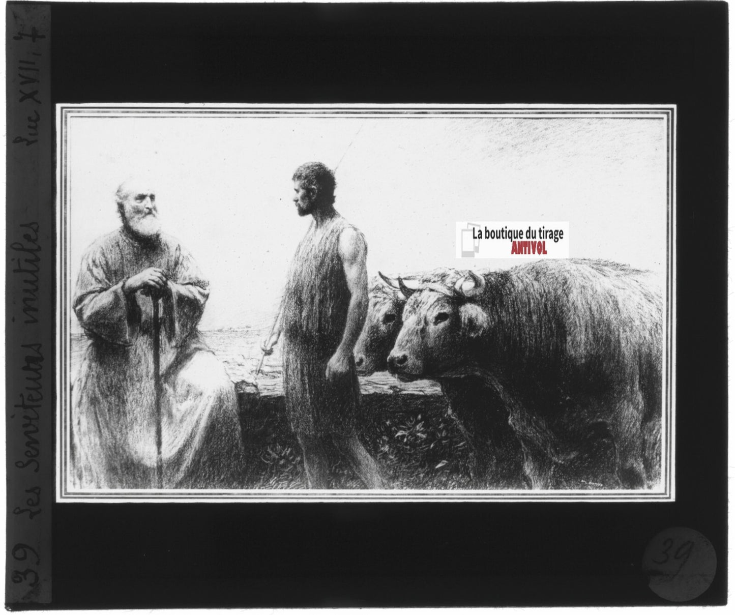 Luc, scène religieuse, dessin peinture plaque de verre, positif 8,5x10 cm