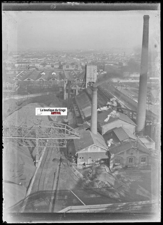 Usine, industrie, Plaque verre photo ancienne, négatif noir & blanc 6x9 cm