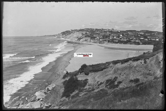 Plage de Bidart, falaise, Plaque verre photo, négatif noir & blanc 10x15 cm