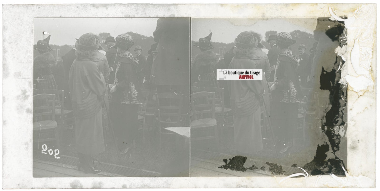 Scène de vie, Longchamp, Paris, plaque verre stéréoscopique, positif 8,5x17 cm