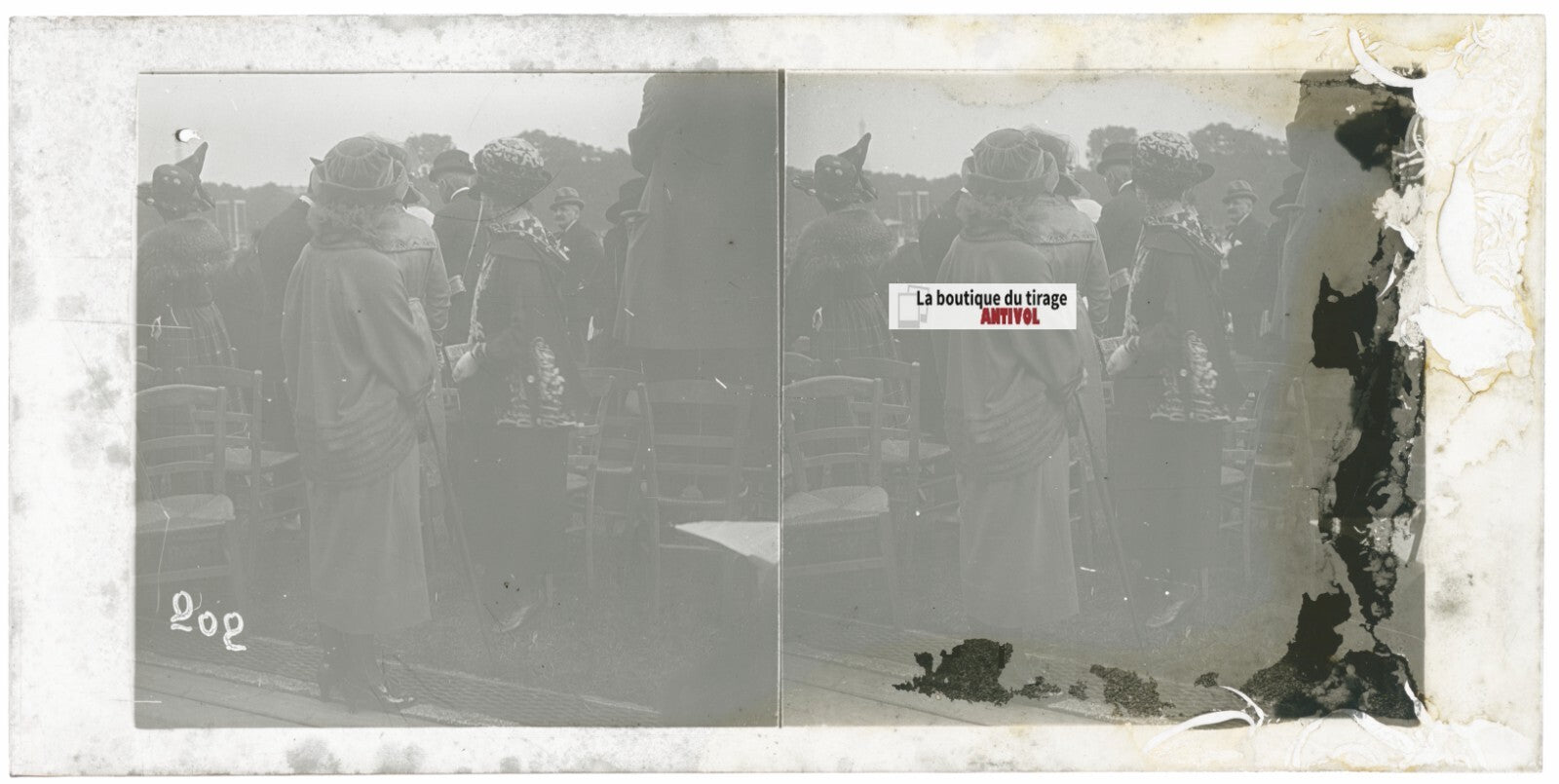 Scène de vie, Longchamp, Paris, plaque verre stéréoscopique, positif 8,5x17 cm