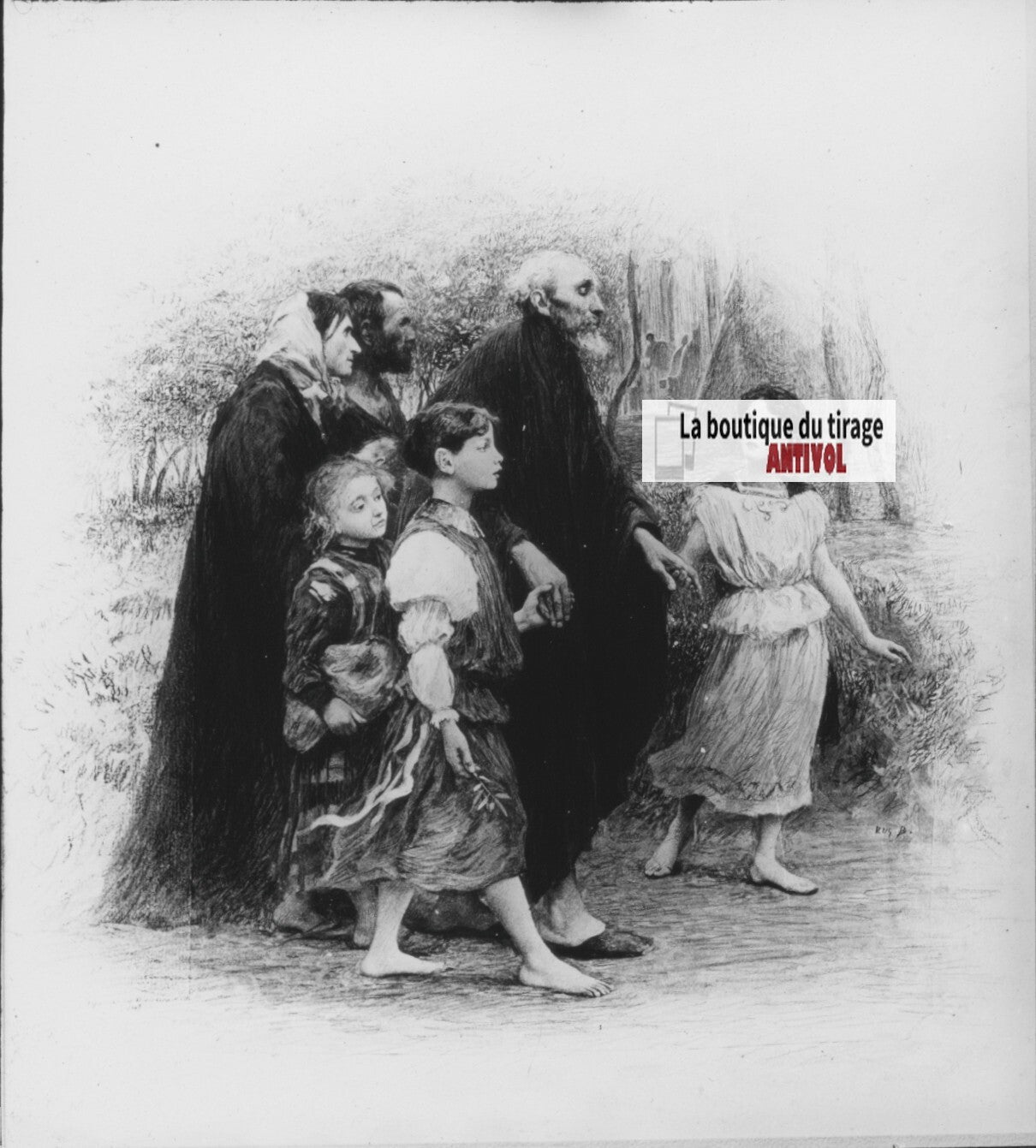 Luc, scène religieuse, dessin peinture plaque de verre, positif 8,5x10 cm