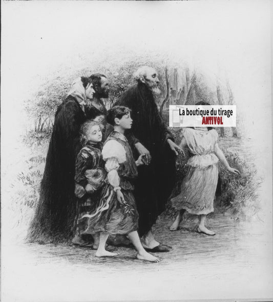 Luc, scène religieuse, dessin peinture plaque de verre, positif 8,5x10 cm