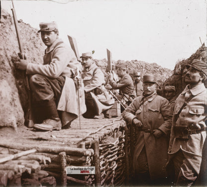 Tranchée Marteau Carency WW1, plaque verre stéréo, photo ancienne 4,5x10,7 cm