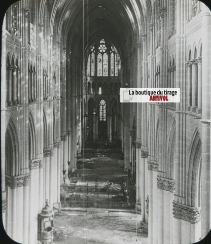 Reims après le bombardement, photo plaque verre, noir & blanc, positif 8,5x10 cm