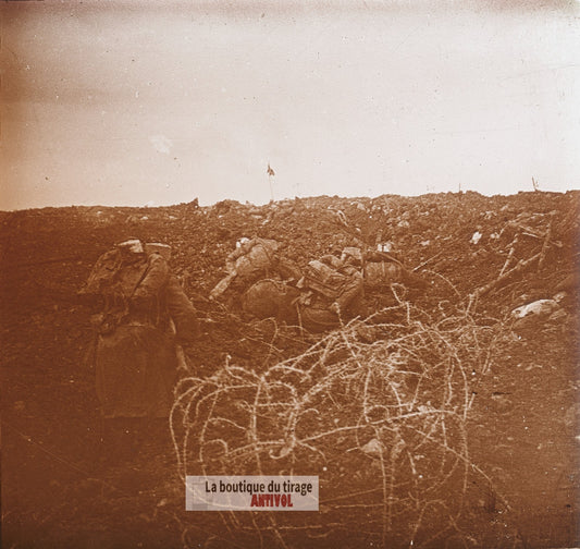 Éparges 1915, sommet, guerre WW1, plaque verre photo ancienne stéréo 6x13 cm